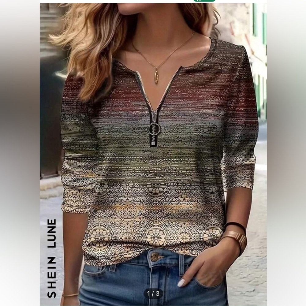 XL SHEIN LUNE NEW IN BAG WOMENS ZIPPER HALF OPENING LONG SLEEVE CASUAL T-SHIRT